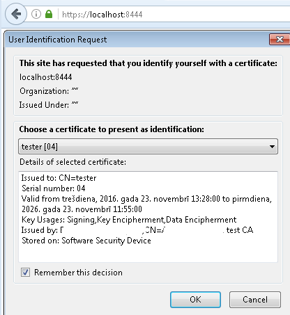 Client certificate selection window (Firefox)